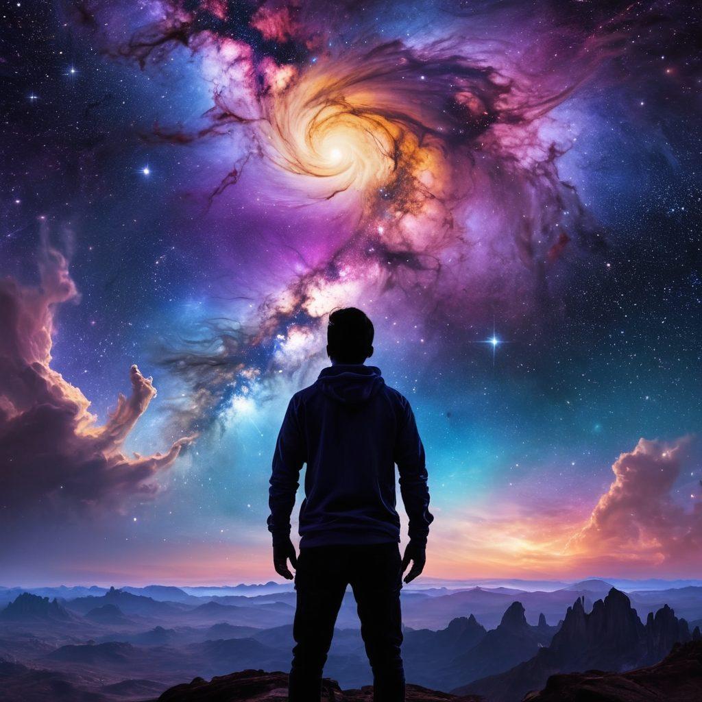 A mesmerizing cosmic scene featuring swirling nebulae in vibrant hues of purple, blue, and gold, with ethereal themes of distant galaxies and twinkling stars. Incorporate abstract designs that evoke a sense of wonder and exploration, with intricate patterns resembling celestial bodies. The foreground should have a silhouette of a person gazing up in awe, merging the human experience with the vast universe. super-realistic. vibrant colors. 3D.