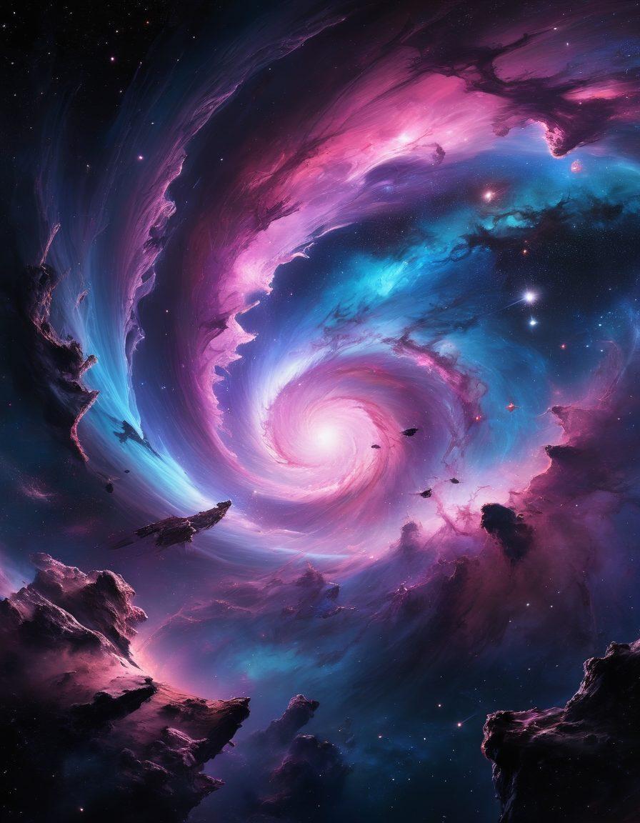 A breathtaking view of a colorful cosmic landscape showcasing vibrant nebulae, sparkling stars, and luminescent celestial bodies. Incorporate swirling galaxies and the silhouette of a spaceship, emphasizing exploration. The scene should radiate a sense of awe and wonder, inviting the viewer to journey through the universe's beauty. super-realistic. vibrant colors. dark space background.