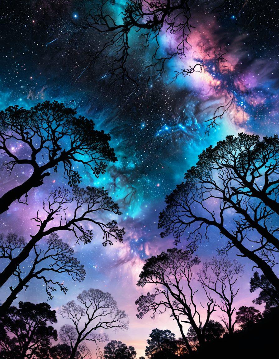 A mystical night sky filled with shimmering stars and ethereal nebulae swirling in vibrant hues, with soft clouds reflecting cosmic colors. A serene landscape below showcases silhouettes of ancient trees under a glowing celestial arch, conveying the beauty and wonder of the universe. Incorporate delicate sparkling elements and a dreamy atmosphere. super-realistic. vibrant colors. cosmic theme.